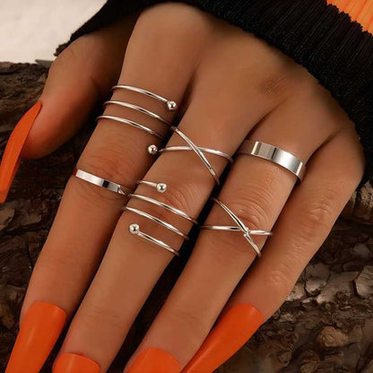 Geometric Silver Plated Cross Twist Open Ring Set for Women (6 Pieces)