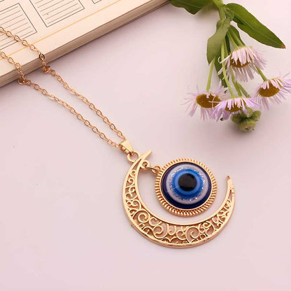 Luxe Gold Crescent Moon Pendant with Evil Eye Necklace