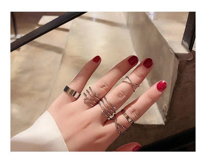 Geometric Silver Plated Cross Twist Open Ring Set for Women (6 Pieces)