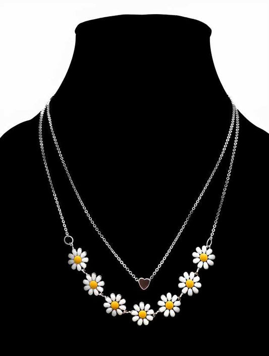 Charming Heart-Shaped Golden Daisy Double-Layer Necklace for Women & Girls