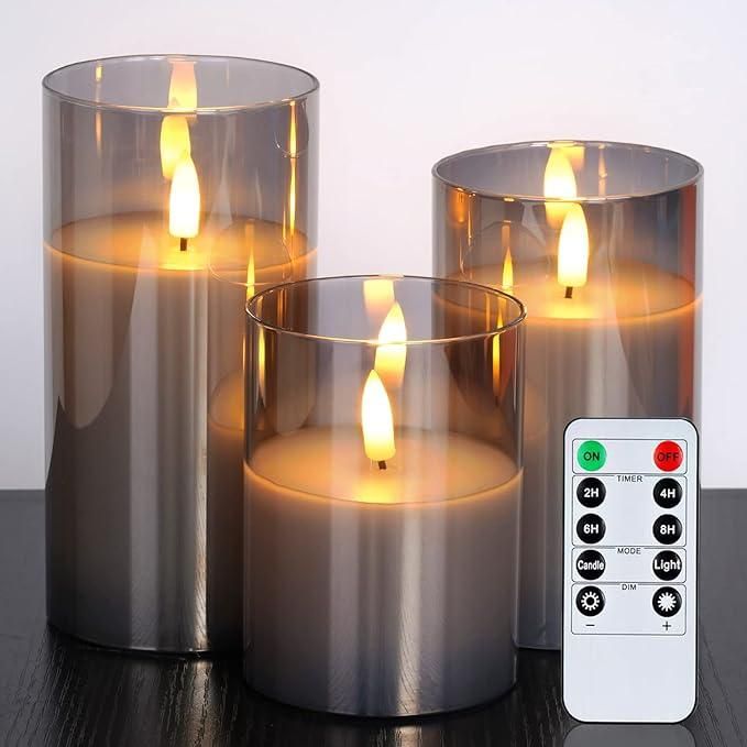 Enchanting Grey Glass Battery-Operated Flameless Candles with Timer