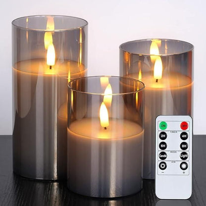 Enchanting Grey Glass Battery-Operated Flameless Candles with Timer