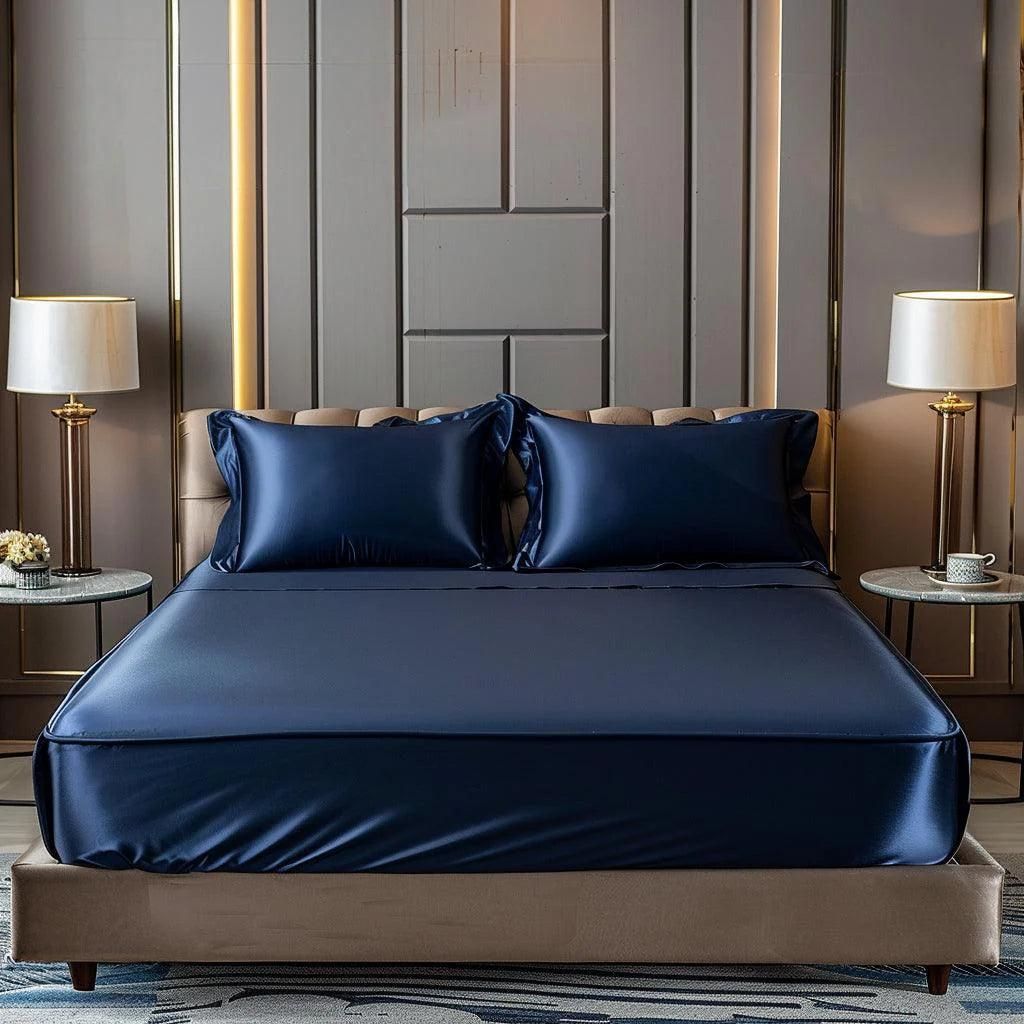 Luxurious Navy Blue Satin Fitted Bedsheet Set with 2 Pillow Covers