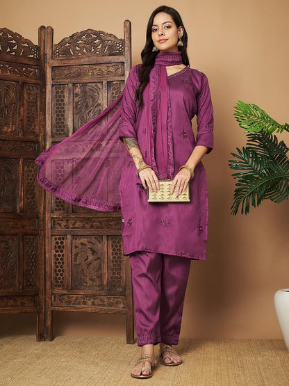 Embroidered Purple Silk Kurta Set for Women with Matching Dupatta