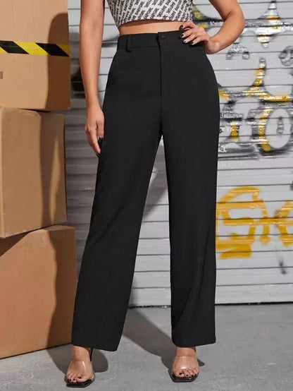 Chic Grey and Black High-Rise Lycra Trousers Set for Women