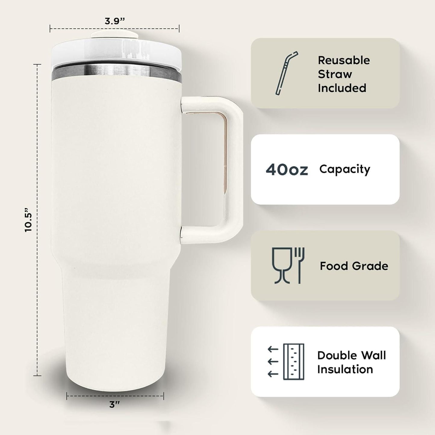 1.2L Insulated Stainless Steel Tumbler with Lid and Straw for Drinks